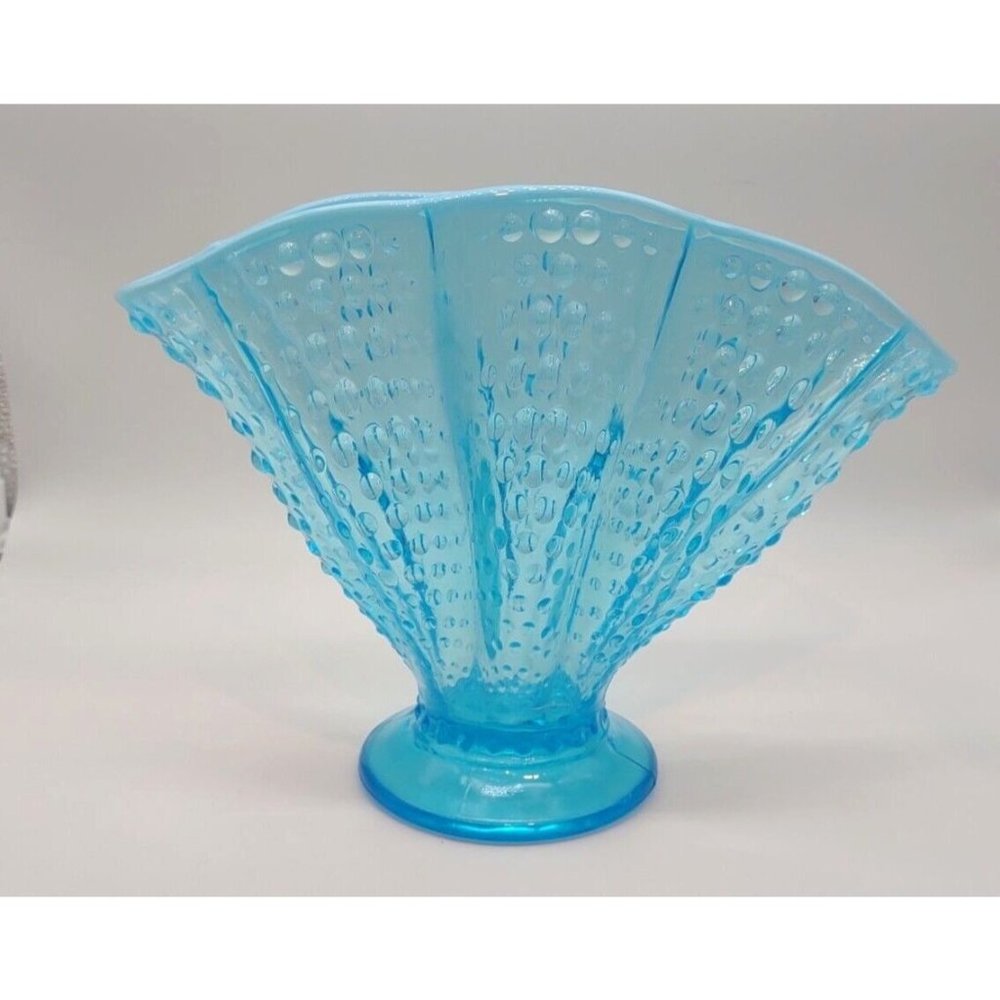 Fan Vase Pressed Blue Opalescent Hobnail Unmarked 7.7 Inches by 10.5 Inches Wide